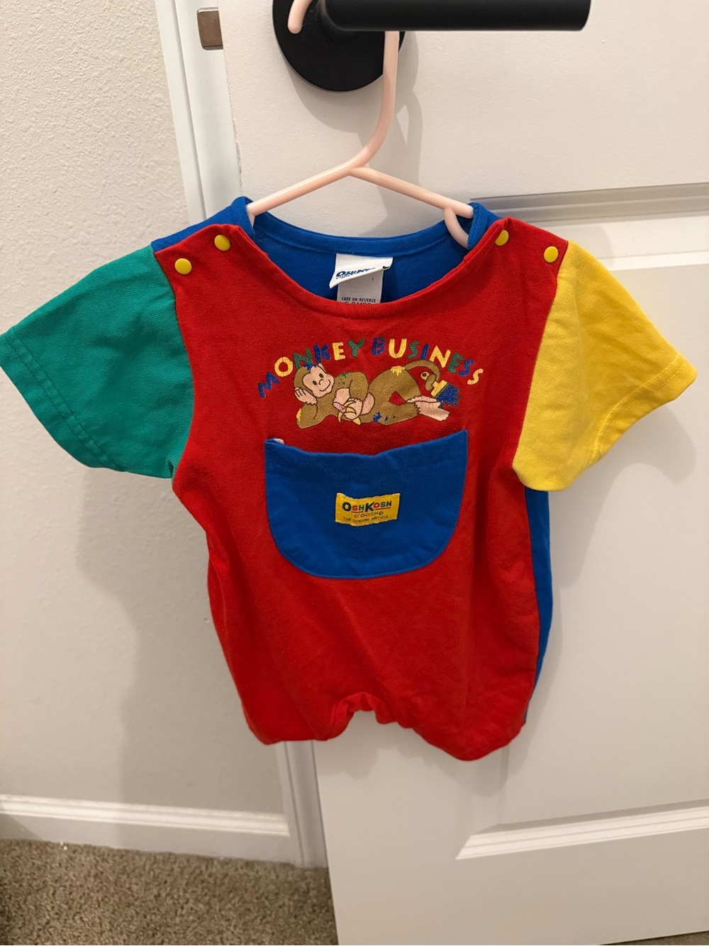 Vintage OshKosh B'gosh 'Monkey Business' Colorblock Romper Made in USA